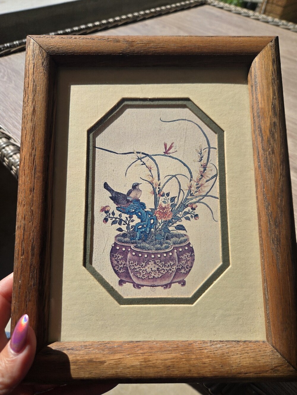 Vintage Chinoiserie Framed Prints Set of 2 Asian Bird & Bonsai Floral Wood Art